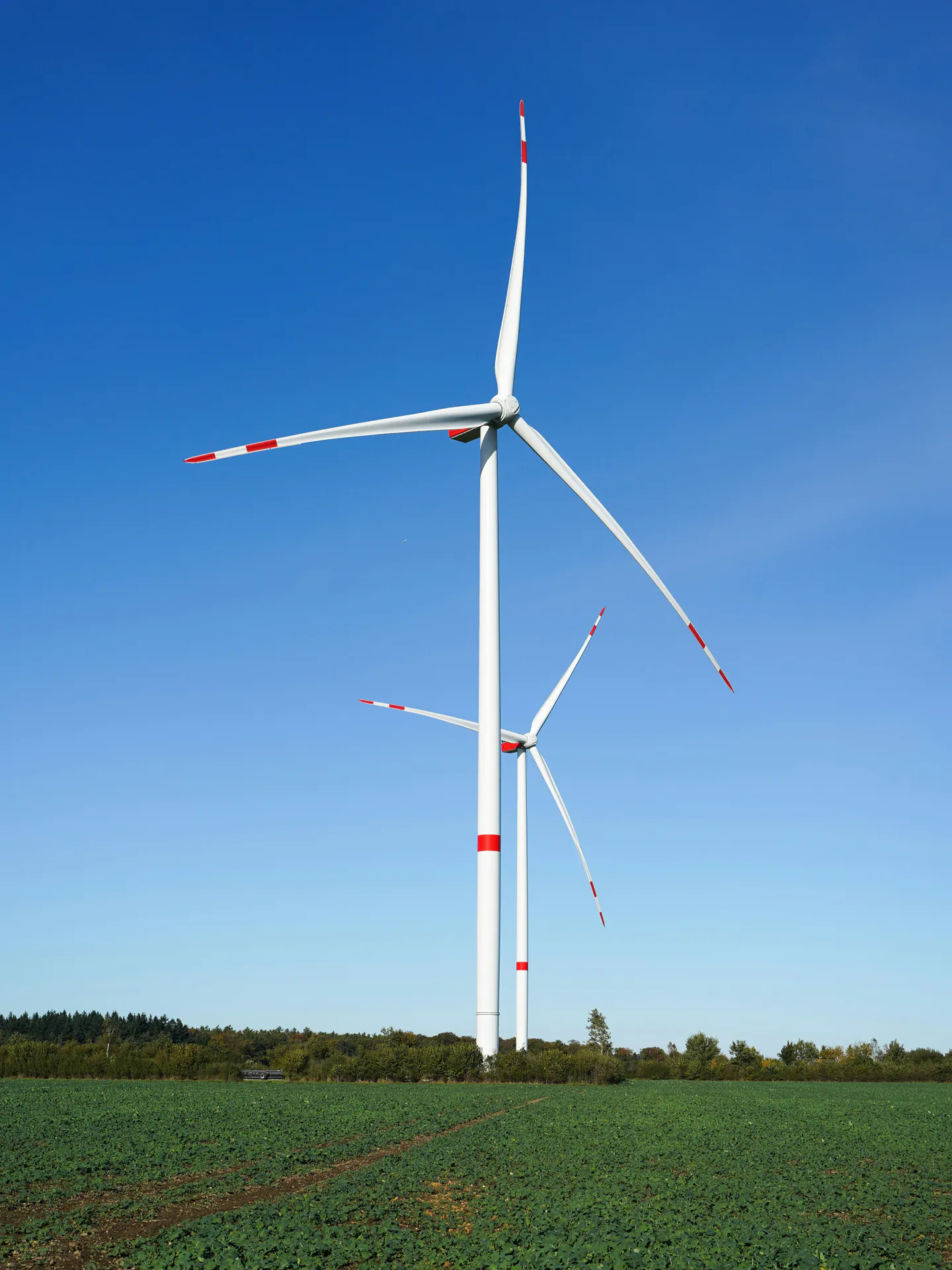 Two wind turbines on a green field against a blue sky in Germany